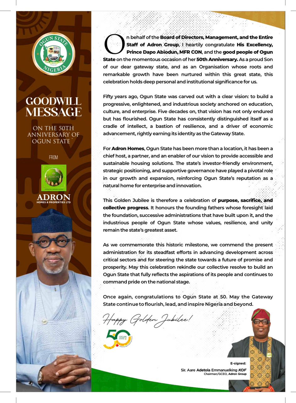 Adron Group Congratulates Ogun State At 50, Salutes Legacy of Progress